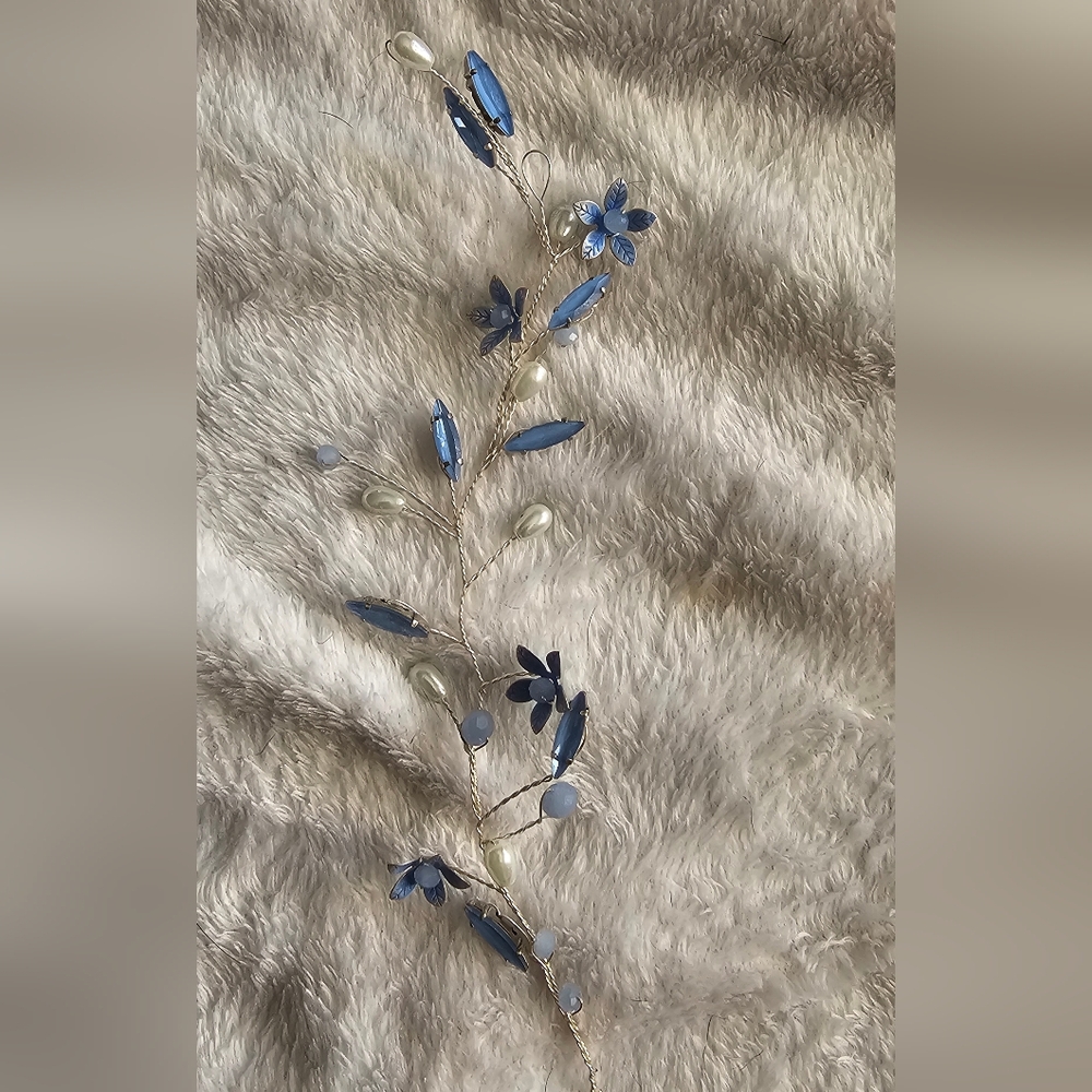 Handmade Dusty Blue, Pearl and Silver Floral Hair Vine